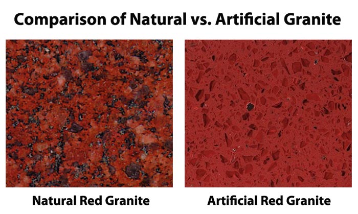 A comparison of the 3Dcoloration of granite  versus the  2D coloration of engineered quartz with red granite. 