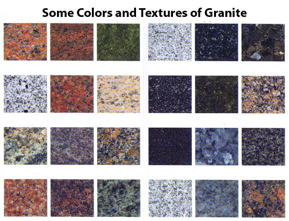 Some of the many colors and textures of granite.