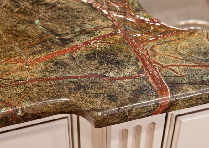 An exotic granite countertop with bullnose radius edges and rounded corners